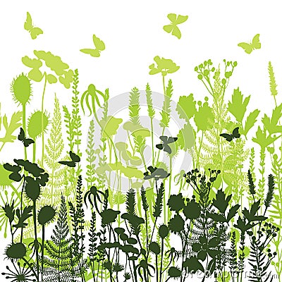 Decorative meadow Silhouettes of different plants wild, flowers Vector Illustration