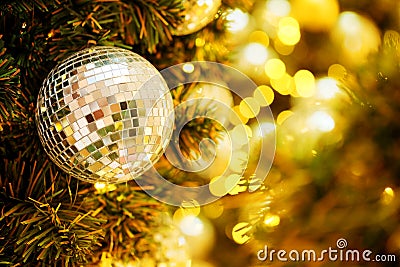 Decorative with mirror ball or Christmas ball for merry Christmas and happy new years festival with bokeh background. Stock Photo