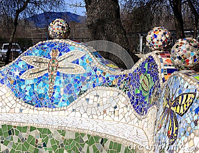 Decorative Mosaic Bench with various Tiles Stock Photo