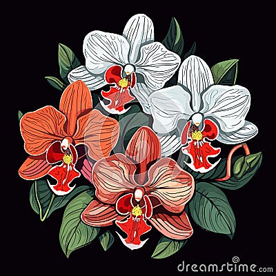 Tropical orchid flowers on dark background in vector pop art style Stock Photo