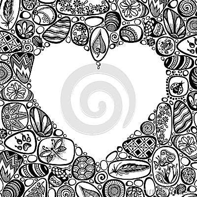 Decorative Negative Space Heart Symbol from Sea Pebbles with Ornaments Vector Illustration