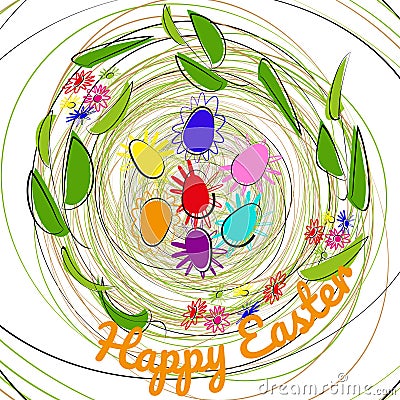 Decorative nest made of branches, leaves and flowers. Painted multi-colored decorative eggs lie in nest, text Happy Easter. Vector Vector Illustration