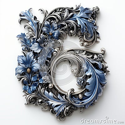 Blue Ornate Number Six: Meticulous Realism In Language-based Art Stock Photo