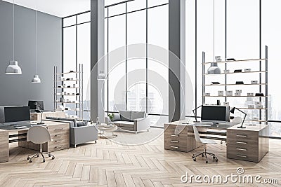 Decorative office interior with panoramic window and bright daytime city view, furniture and equipment. Stock Photo