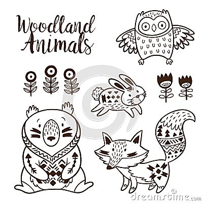 Decorative ornamental woodland animals vector set Vector Illustration