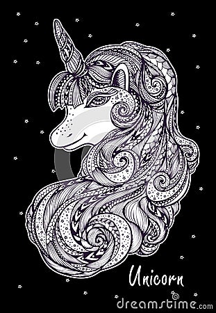 Decorative ornamental Zen tangle Zen doodle Unicorn white on black Vector Illustration