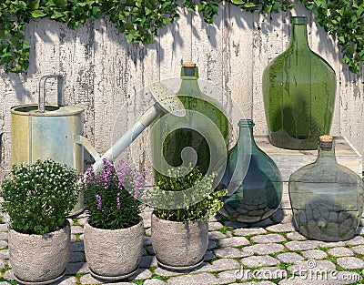 Decorative outdoor composition in the Provence style. Villatic stuff on the paving stone near the fence. 3D rendering Stock Photo