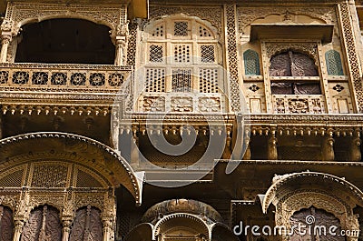 Decorative outer view of Patwon Ki Haveli, Jaisalmer, Rajasthan, India Stock Photo