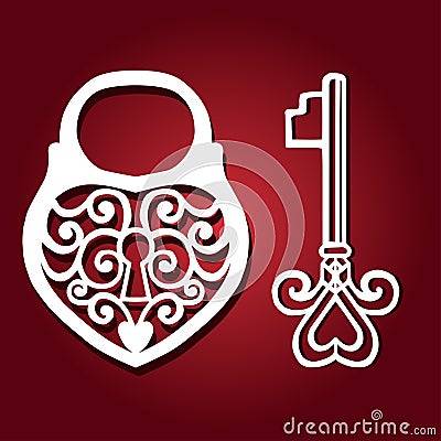 Decorative padlock Heart Laser Cutting. Template for interior design, layouts wedding cards, invitations. Vector Illustration