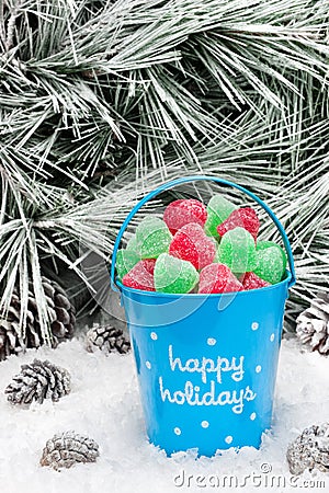 Decorative pail of Christmas candy Stock Photo