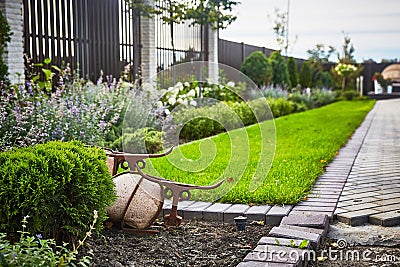Decorative Path in the Garden lawn grass Stock Photo
