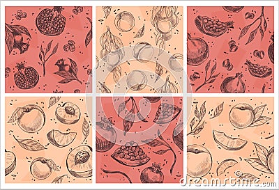 Decorative pattern set with pomergranate, peach Vector Illustration