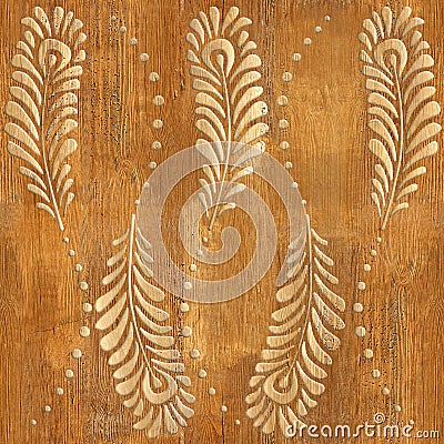 Decorative peacock feathers - wood texture - seamless background Stock Photo