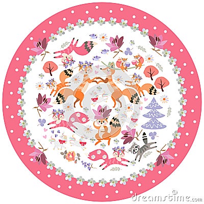 Decorative plate with animals for children. Cute cartoon foxes, squirrels, unicorns and raccoon in a beautiful floral frame Vector Illustration