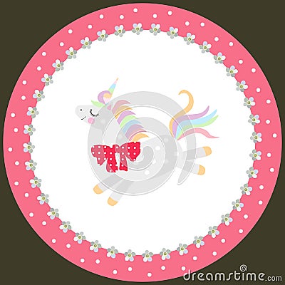 Decorative plate for kids. Cheerful unicorn isolated on white background. Bright pink polka dot frame. Great collection Vector Illustration