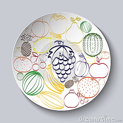 Decorative plate with painted fruit. Vector Illustration