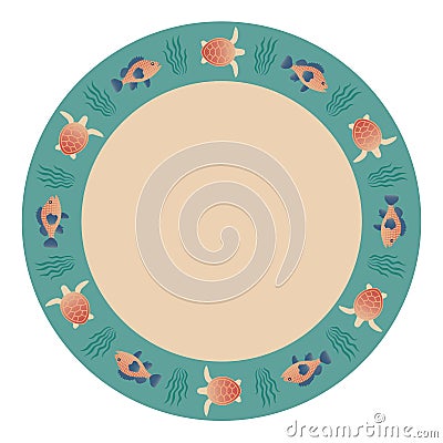 Decorative plate with round ornament. Circular floral frame with fish and turtles swimming in the sea. Marine life Vector Illustration