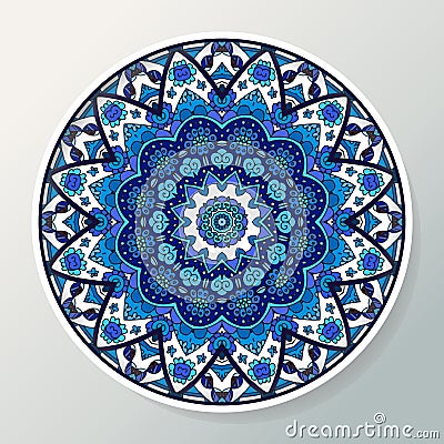 Decorative plate with round ornament in ethnic style. Mandala in blue colors. Oriental pattern. Vector illustration Vector Illustration