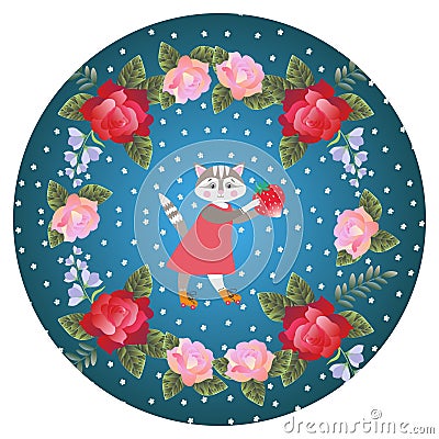 Decorative plate template with cute lovely kitten and wreath of roses and bells flowers. Vector Illustration