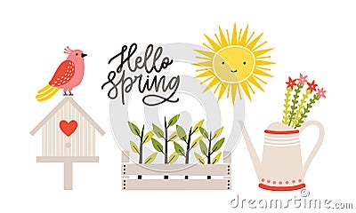 Decorative postcard template with Hello Spring phrase handwritten with cursive font, seedlings in crate, watering can Vector Illustration