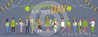 Decorative Poster For Happy Saint Patrick Day Horizontal Banner With Group Of People In Traditional Irish Clothes Vector Illustration