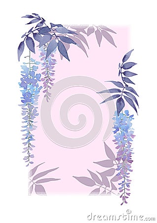 Decorative rectangular frame with floral watercolor elements and lilac background. Stock Photo