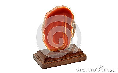 Transparent red agate slice with wooden stand isolated on white background Stock Photo