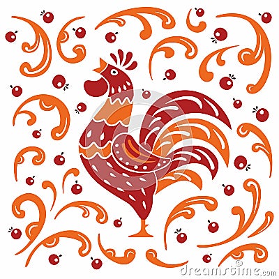 Decorative rooster surrounded by ornament. Traditional folk paintings Vector Illustration