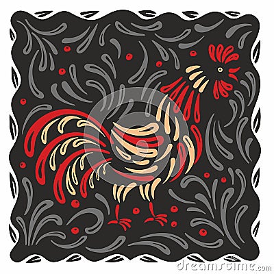 Decorative rooster surrounded by ornaments on a dark background Vector Illustration