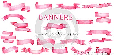 Decorative rose pink watercolor banner ribbons set Cartoon Illustration