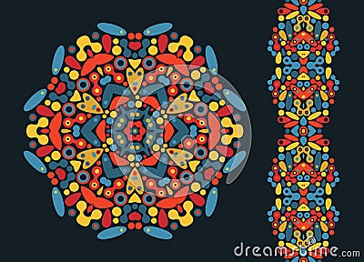 Decorative round element and psychedelic pattern. Vector Illustration