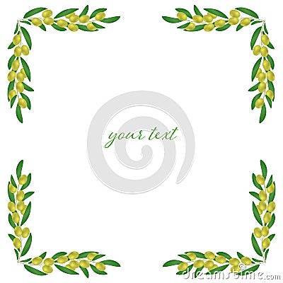 Decorative round frame of branches of olives with leaves on a white background. Vector Illustration