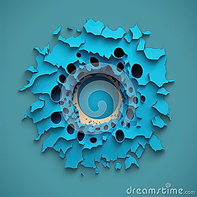 Decorative round frame in center of blue background. space inside, pieces of torn paper, holes Stock Photo
