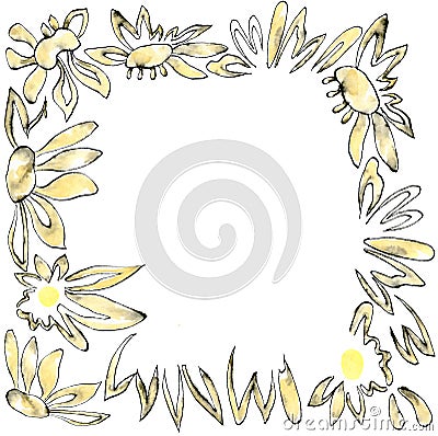 Decorative frame with daisies watercolor illustration in sketch style. Romantic abstract floral border with copyspace Cartoon Illustration