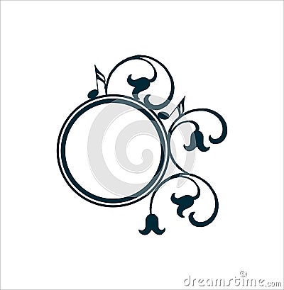 Decorative round frame with music notes and floral elements Vector Illustration