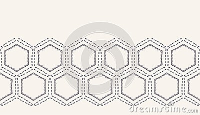 Decorative running stitch embroidery border. Victorian hexagon needlework pattern. Hand drawn ornamental textile ribbon. Ecru Stock Photo