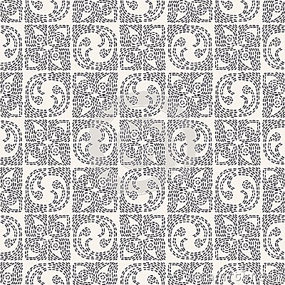 Decorative running stitch embroidery pattern. Rounded square needlework seamless vector background. Hand drawn ornamental textile Stock Photo