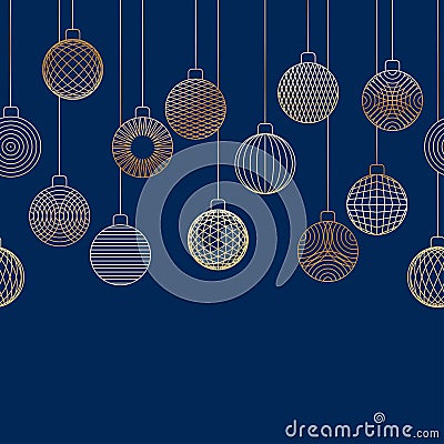 Decorative seamless border made of golden Christmas ball toys Vector Illustration