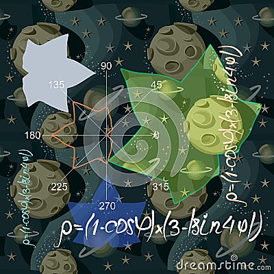 Decorative seamless pattern or beautiful square card with mathematics formulas, plots, geometric figures in shape of maple leaves Vector Illustration