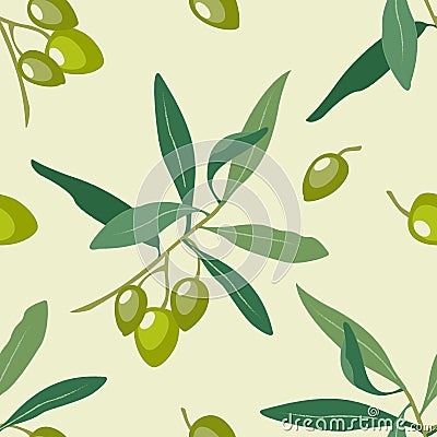 Decorative seamless pattern with hand drawn olive tree branch with ripe green olives and leaves on beige background Vector Illustration