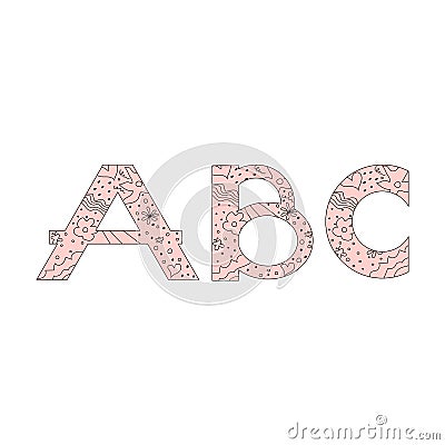 Decorative set floral doodle pattern letter alphabet abc font. Lettering fashion hand drawn spring flowers,hearts and polka dots Vector Illustration