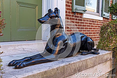 A decorative shiny black dog model put in front of the entrance of a historic brick building in old town Stock Photo