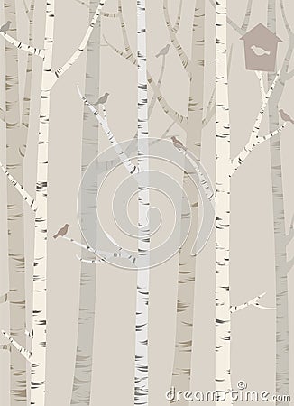 Decorative silhouettes of trees with a bird and birdhouse Vector Illustration