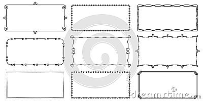 Decorative simple line frames. Simple line borders with geometric shapes and curls. Frame blank templates to decorate Vector Illustration