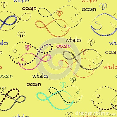 Simple seamless with repeated lines, dots, dotted lines , outline whale elements and ocean letters on a light background Vector Illustration