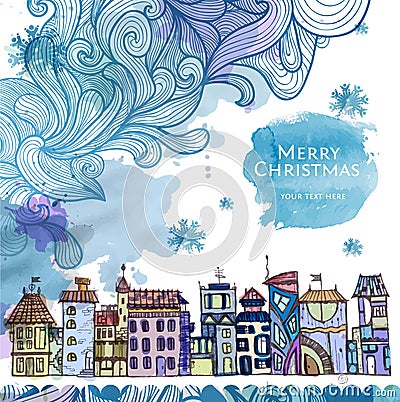 Decorative sketch of city. Christmas background Vector Illustration