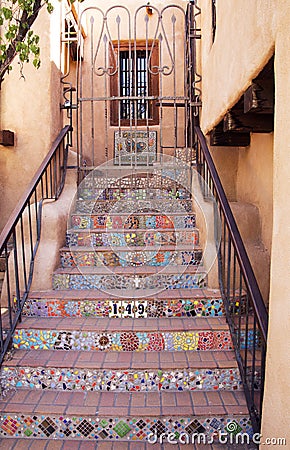 Decorative Southwest Stairway in Santa Fe, New Mexico Stock Photo