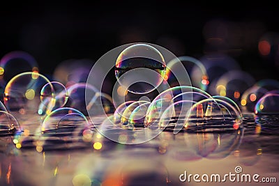 Decorative space background with many sparkling iridescent soap bubbles float on the water and are reflected in the rays of the Stock Photo