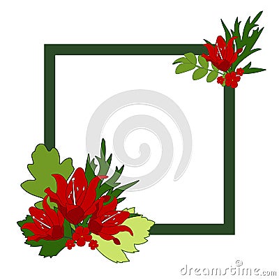 Decorative square border with red lily and decorative leaves. Vector Illustration
