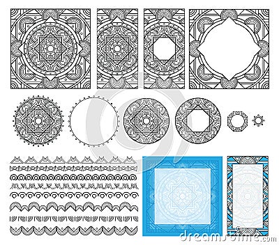 Decorative square pattern. Set frames, brushes, templates for design. Ethnic ornament, mandala for coloring book, cards. Vector Illustration